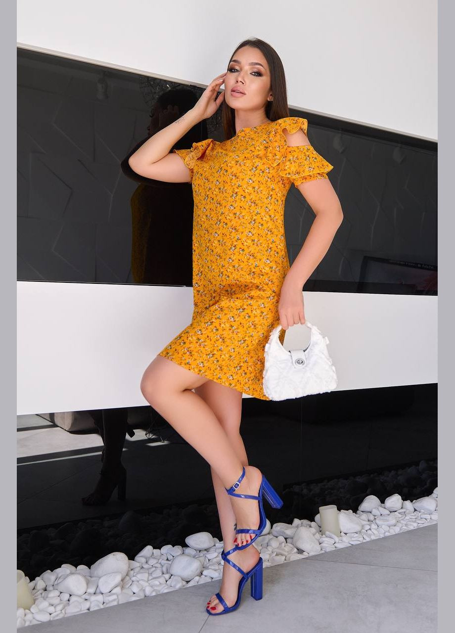 Гірчична святковий, повсякденний, кежуал, коктейльна стильна сукня з рюшами та квітковим принтом No Brand з квітковим принтом
