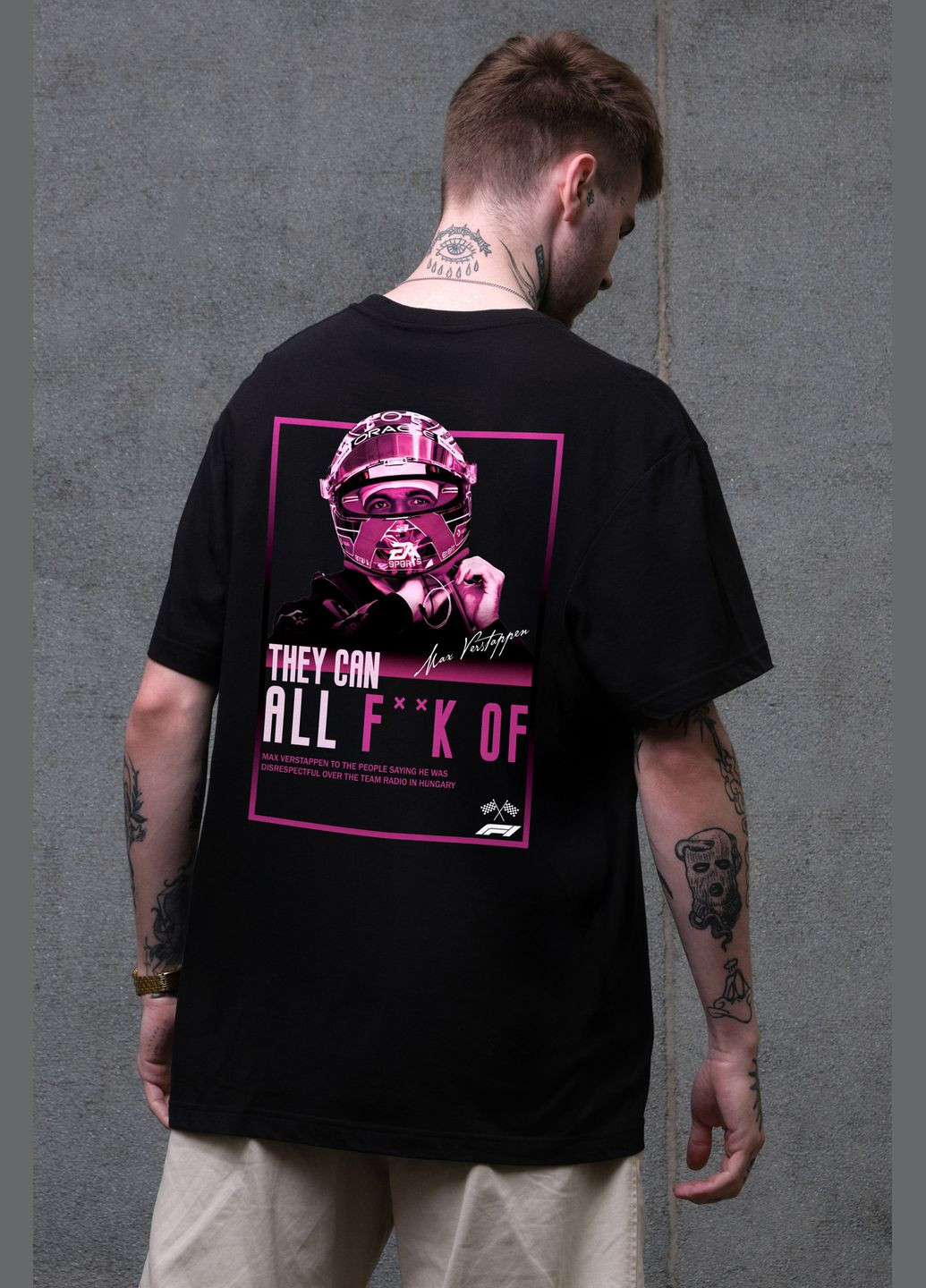 Чорна чоловіча оверсайз футболка з принтом verstappen з довгим рукавом Without