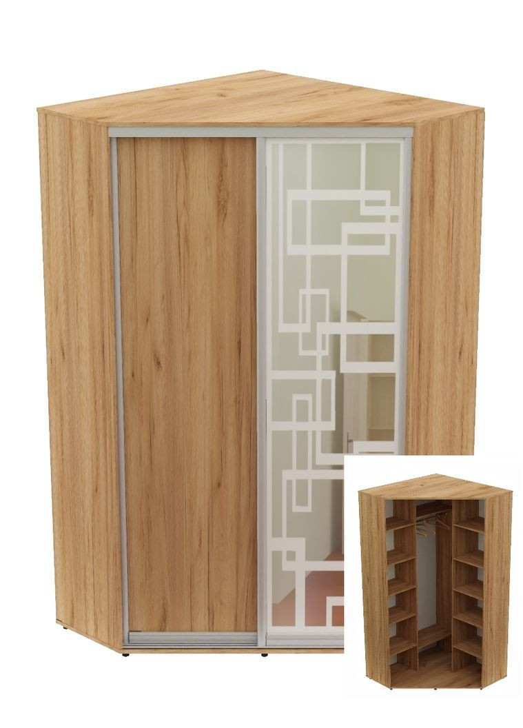Шкаф-купе двухдверный угловой 120*120*240 Дуб крафт золотой ДСП/Зеркало с пескоструйным рисунком Угол-2 Алекса (360436315)