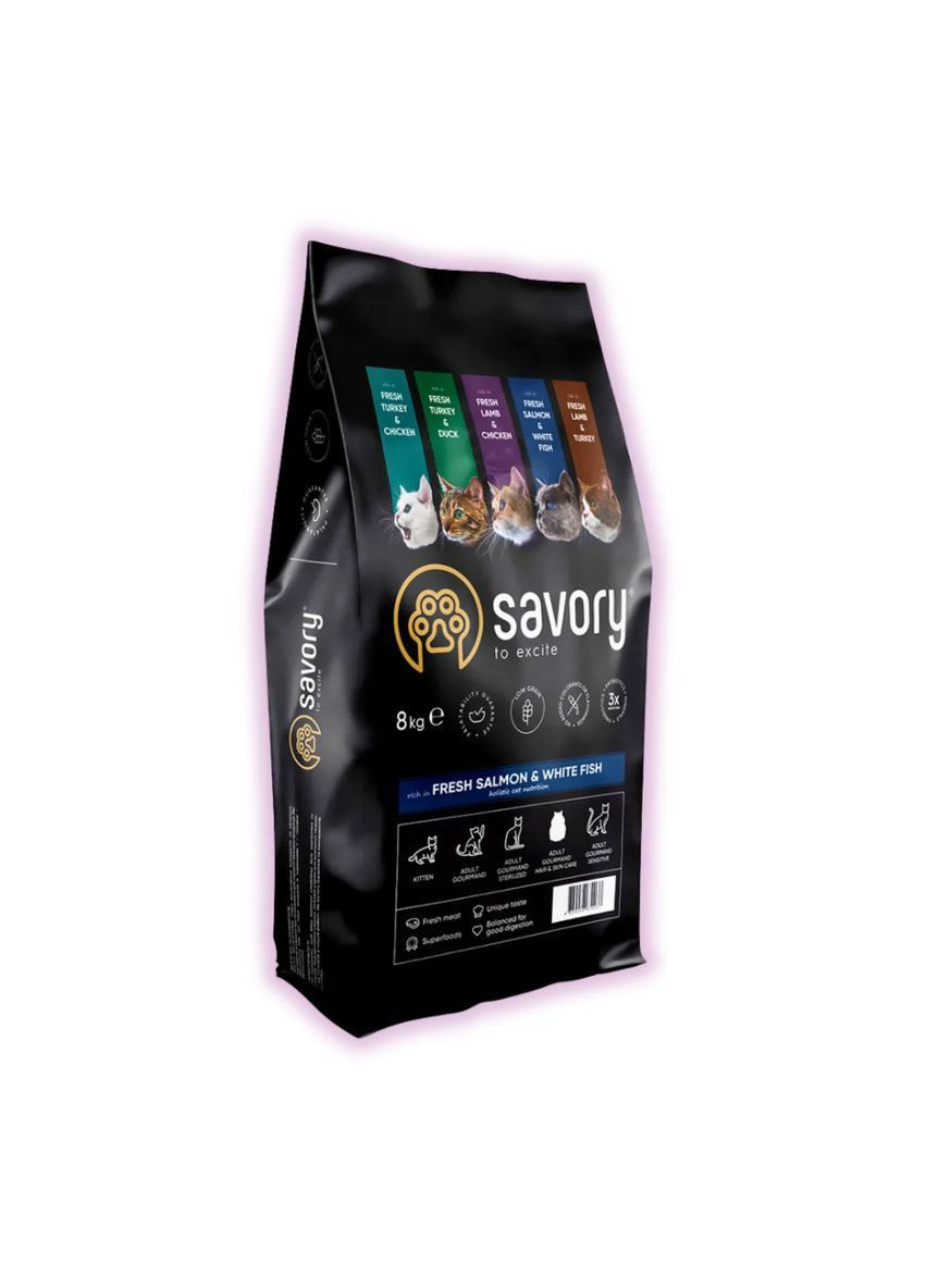 Сухий корм для котів зі свіжим лососем і білою рибою для довгошерстих котів 8 кг Savory (362191562)