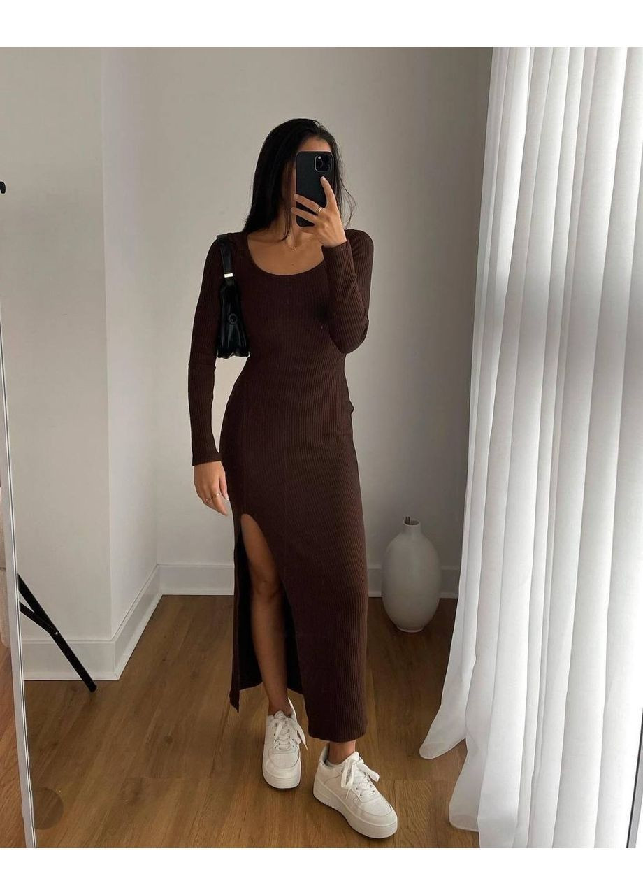 Темно-коричневое праздничный, коктейльное, повседневный, вечернее, деловое, кэжуал женское платье в рубчик силуэтная FINO Mode
