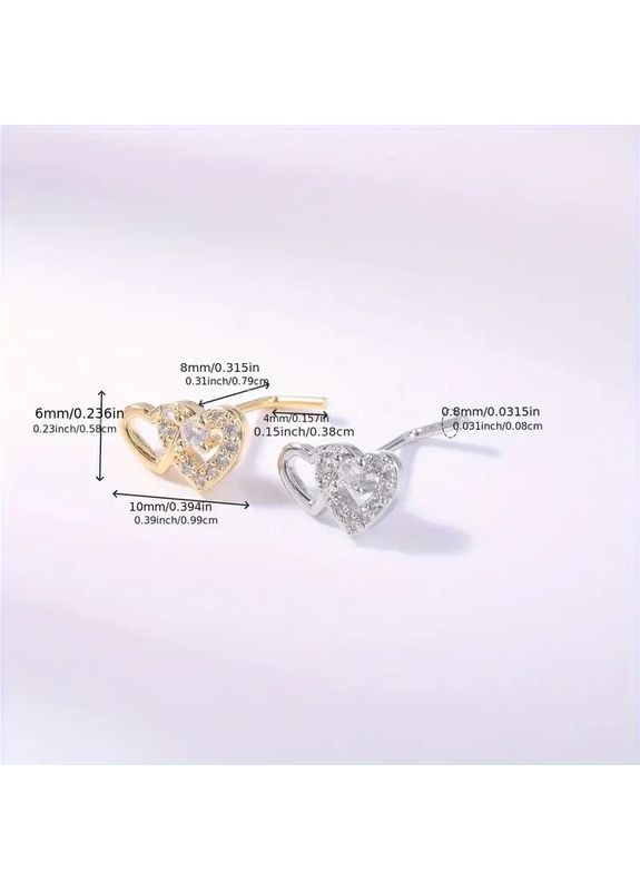 Срібляста сережка для пірсингу носа у вигляді подвійного серця з білими кристалами, 8 мм AurumLux021 Liresmina Jewelry (302948385)