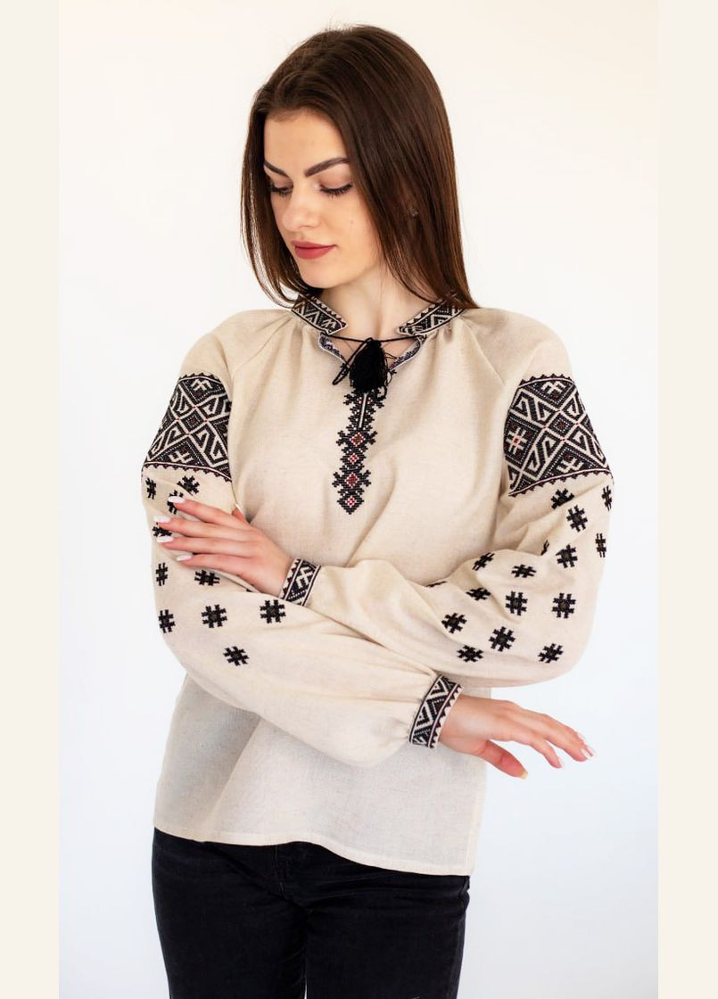 Бежевая женская вышиванка vishivano4ka 2010 узор геометрический лен (322581546)