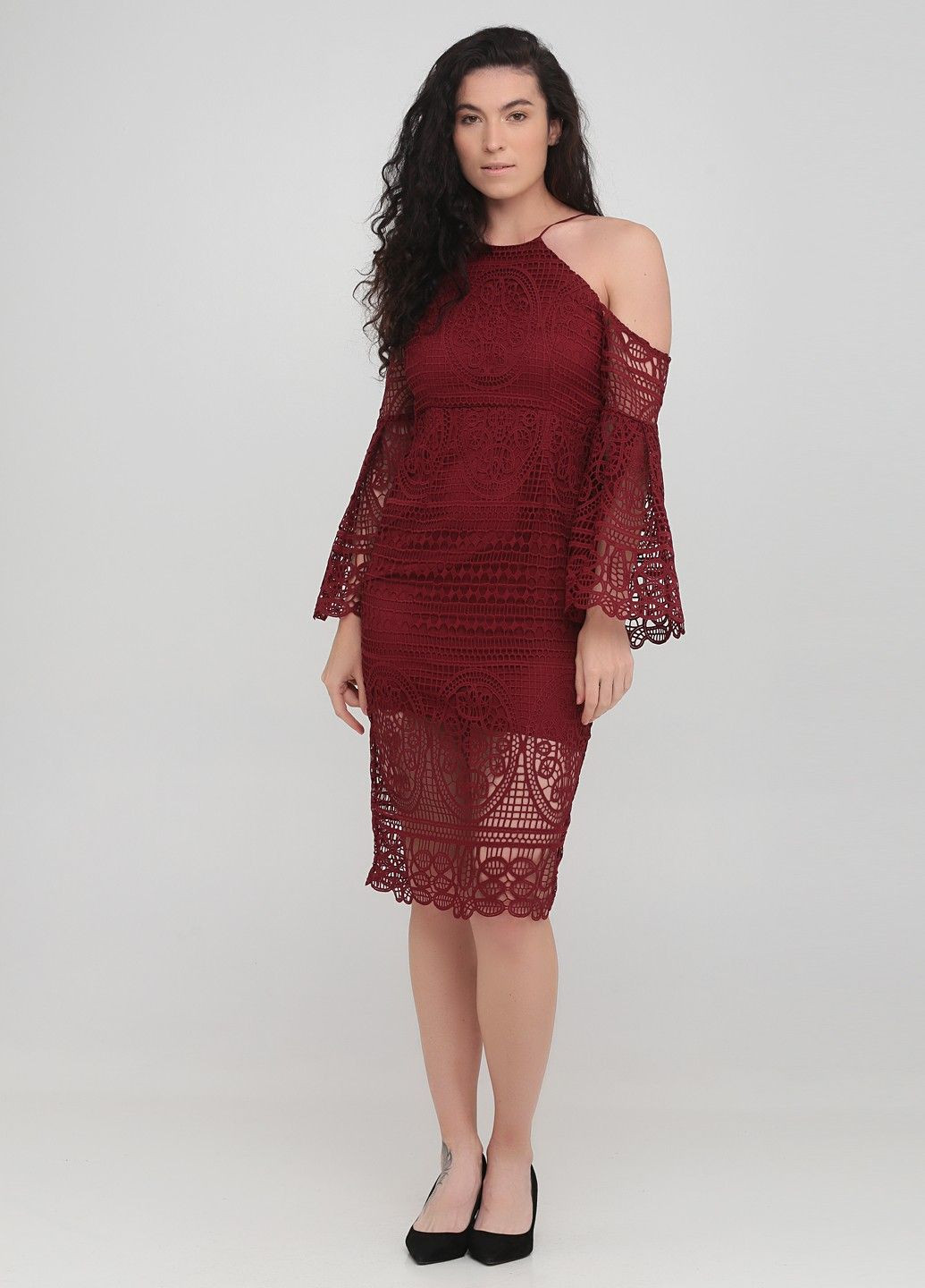 Бордовое кэжуал платье Bardot однотонное