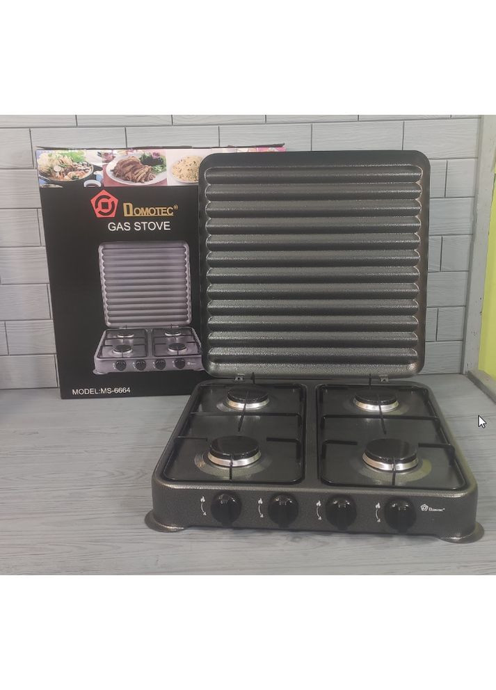 настольная газовая плита на 4 конфорки под баллонный газ 49,5х49,5х9 см ms-6604 grey Domotec