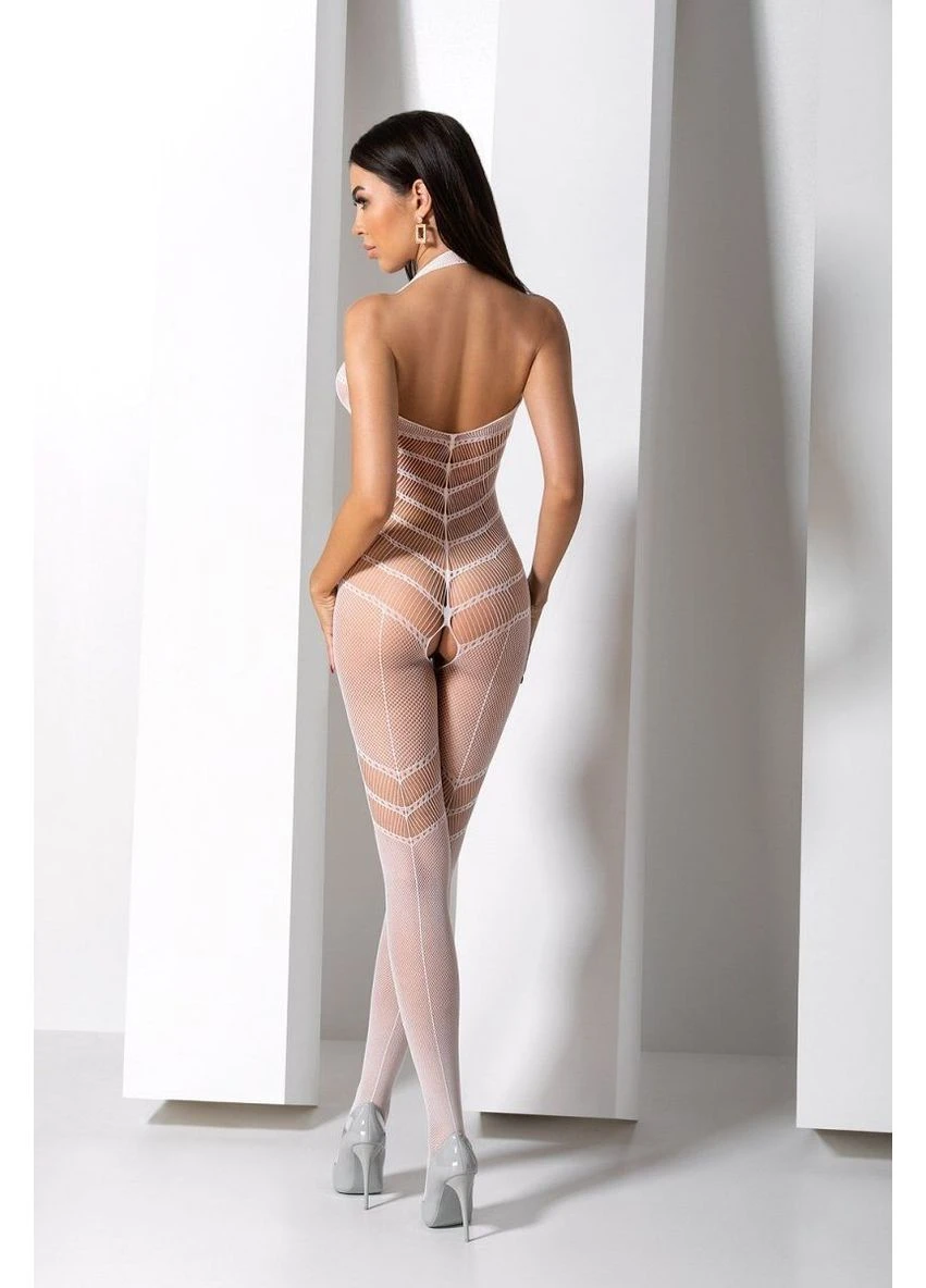 Бодістокінг з плетінням на животику BS100 One Size, white, декоративний шов, з доступом Passion білий відвертий поліамід