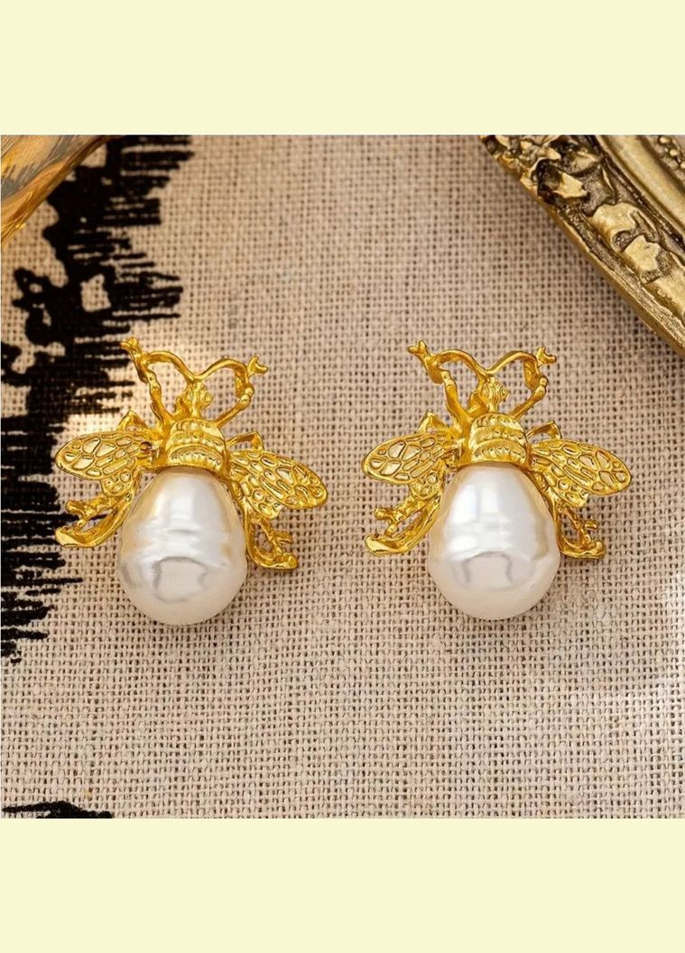 Золотисті перлинні сережки комахи, 10-757 Fashion Jewelry (336550641)