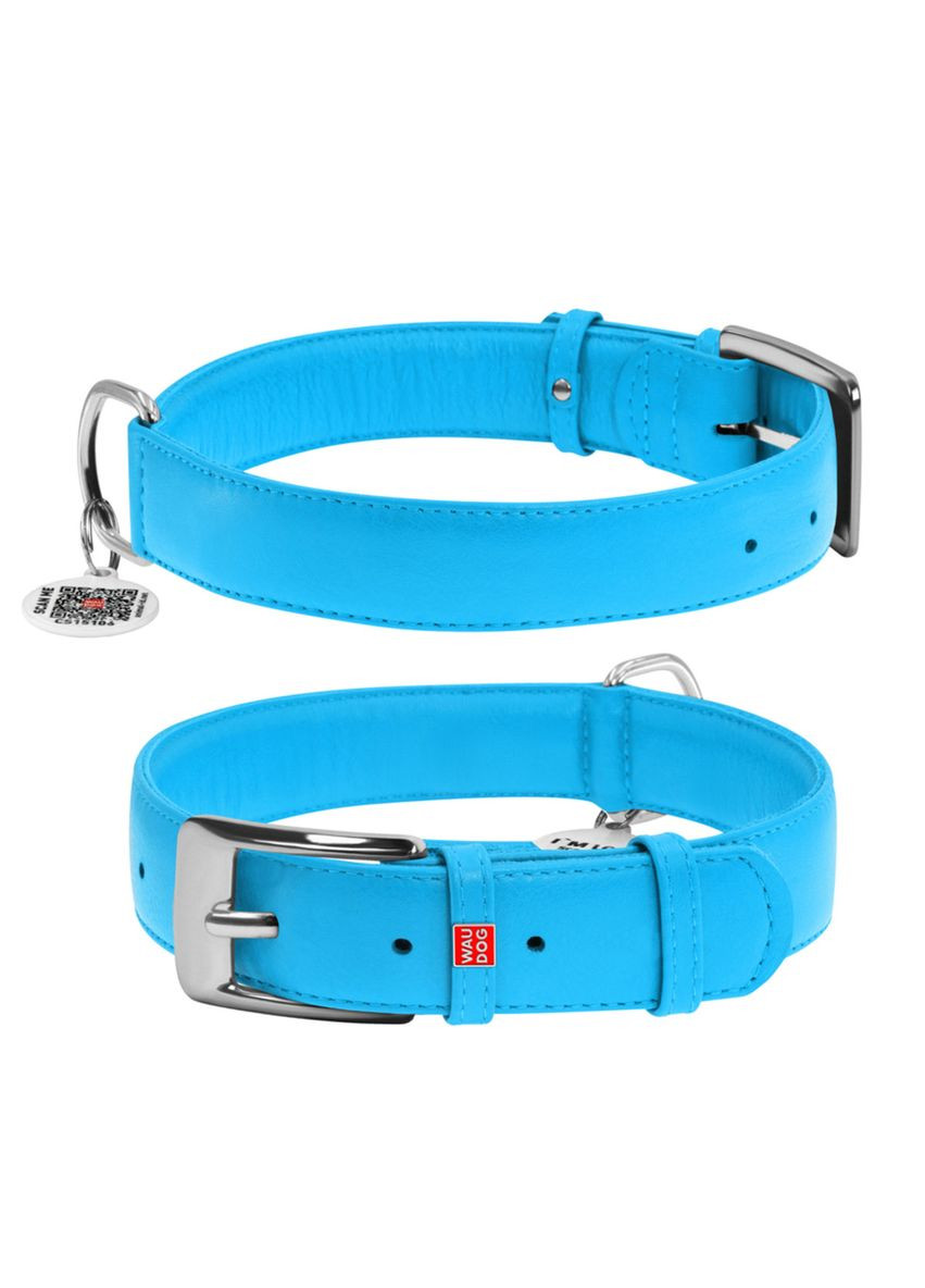 Нашийник для собак шкіряний WAUDOG Glamour з QR паспортом, без прикрас, XL, Ш 35 мм, Дл 46-60 см блакитний Collar (321970251)