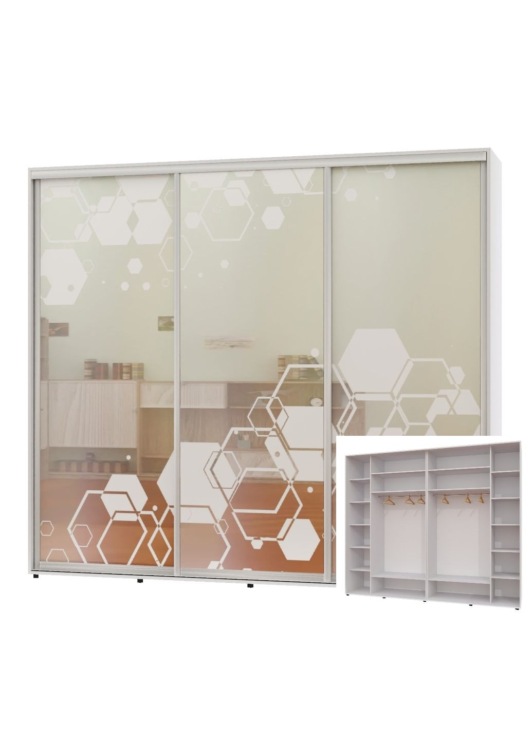 Шафа-купе тридверна 280*60*230 Білий Дзеркало з піскострумним малюнком Люкс-149 Алекса (360453903)