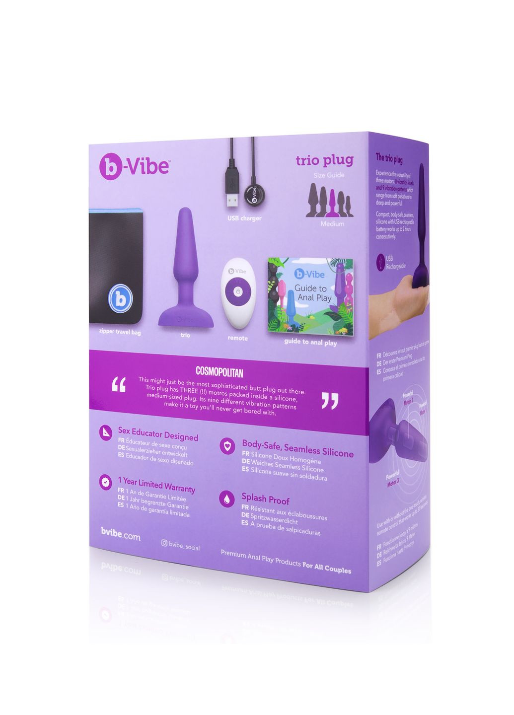 Анальная пробка с вибрацией и пультом, три мотора Trio, фиолетовая B-Vibe (297135641)