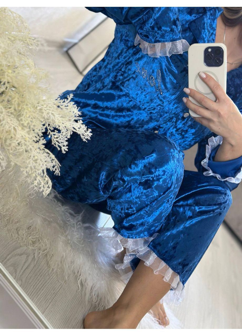 Синяя всесезон женская велюровая пижама рубашка + брюки Asi.Store.ua