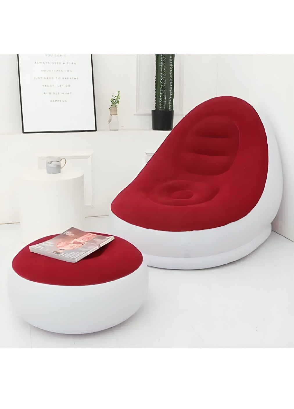 Надувне крісло диван із пуфом з флокованим покриттям насосом навантаженням до 100 кг 116х98х83 см (480507-Prob) Червоне з білим Unbranded (336592807)