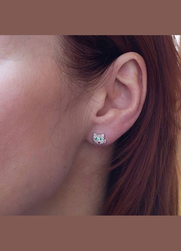 Серебряные детские гвоздики на закрутках Котик Барсик в белых камнях серебро 925 пробы 56016 1.60г No Brand (306743049)