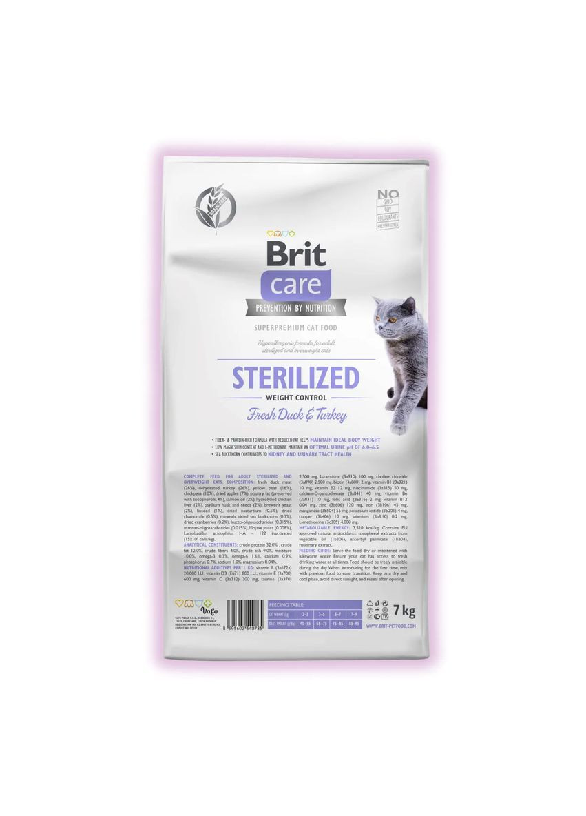 Сухой корм для стерилизованных кошек с уткой и индейкой с избыточным весом 7 кг Brit Care (367584208)