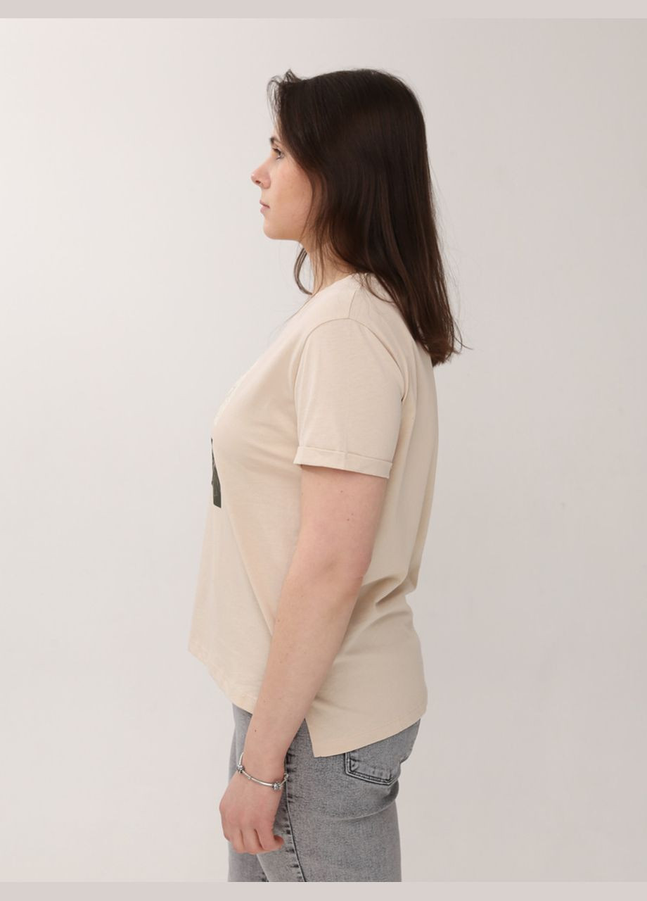 Бежева літня футболка жіноча бежева пряма з розрізами та принтом з коротким рукавом MDG Пряма