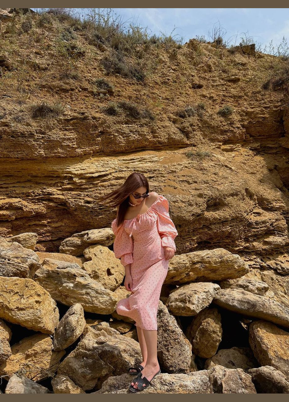 Персикова повсякденний, вечірня, кежуал жіноча сукня силуетна FINO Mode з квітковим принтом