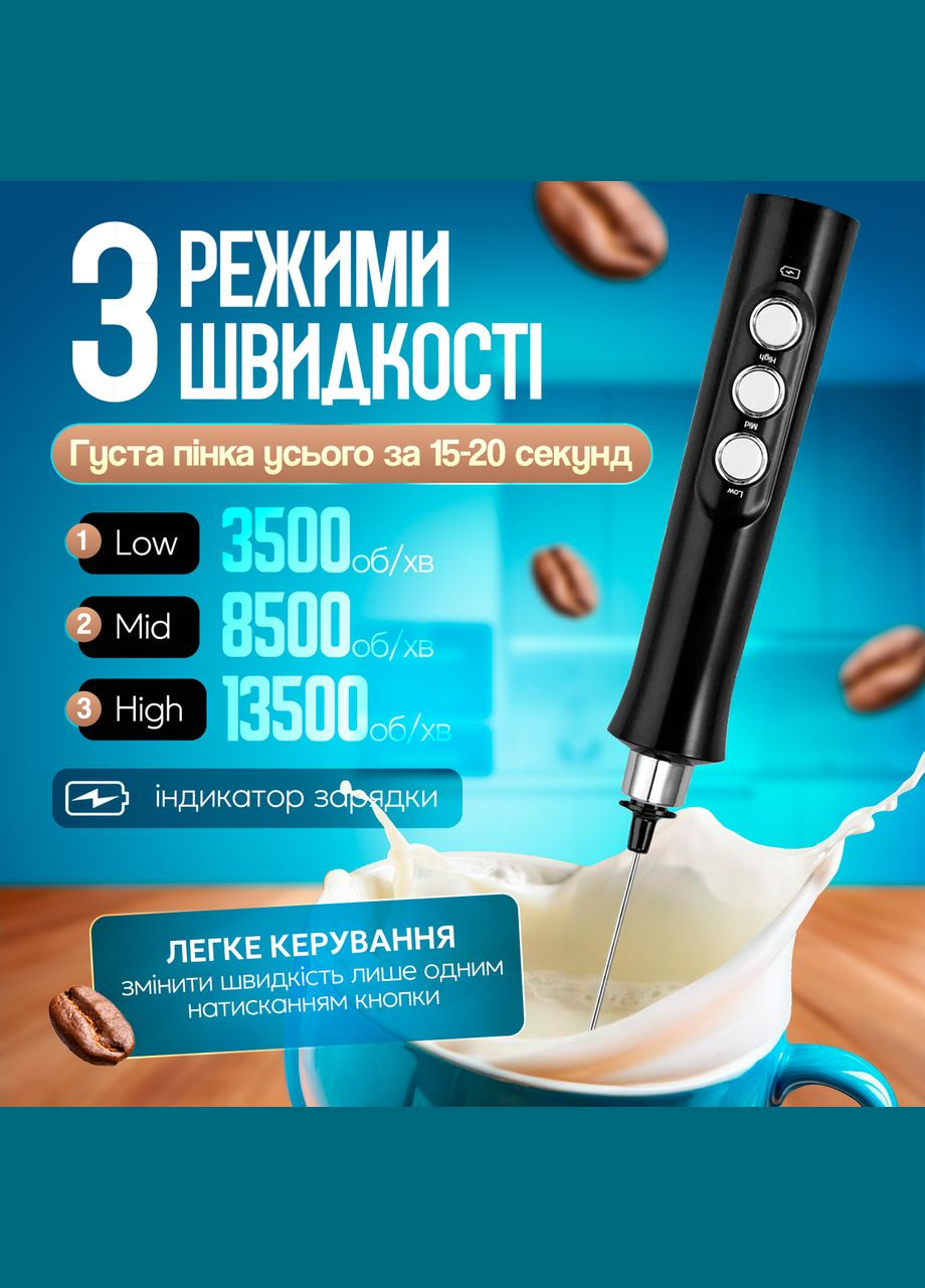 Вспенитель молока (капучинатор) на аккумуляторе с 3 насадками Белый No Brand (347590395)