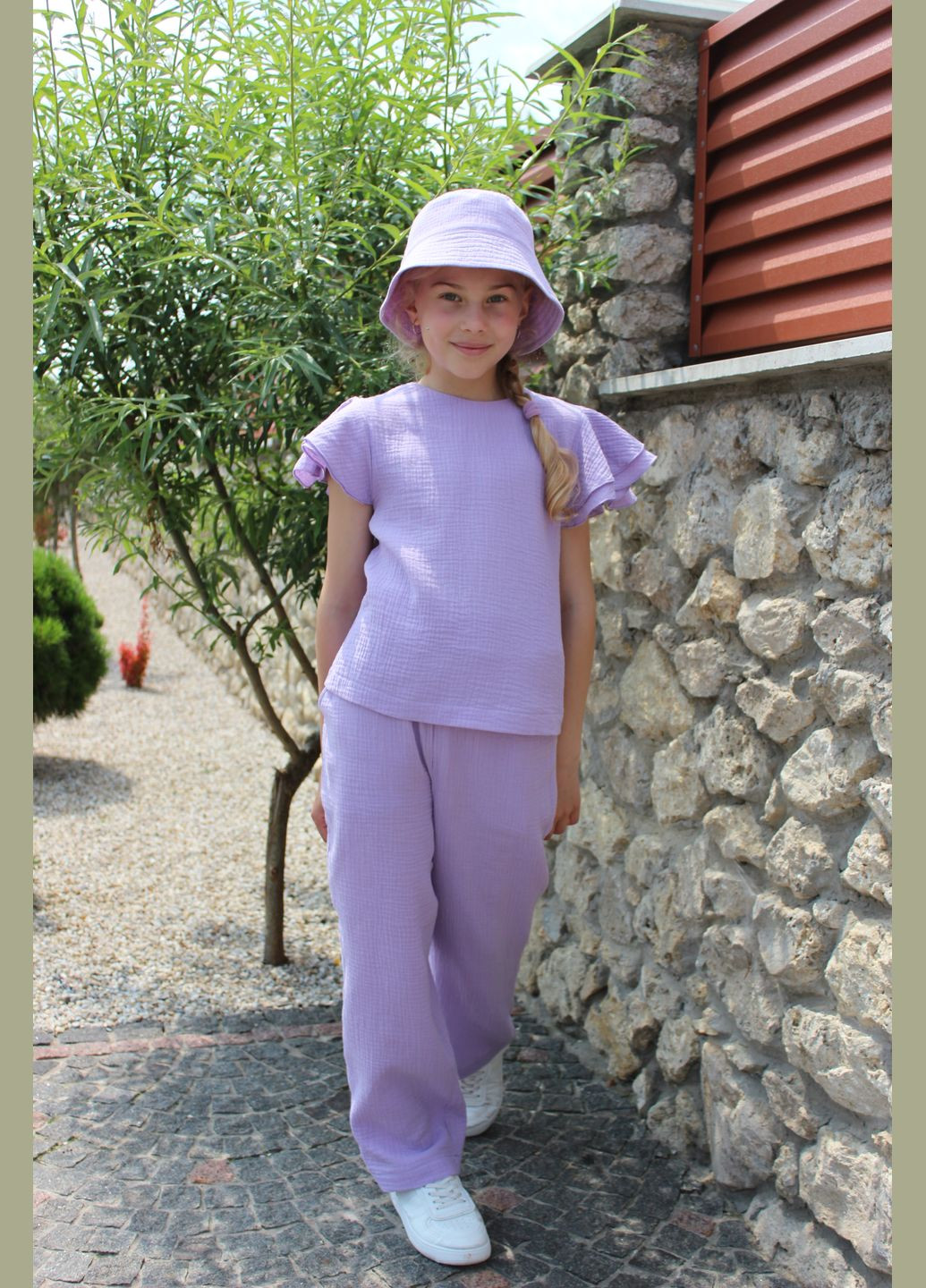 Лавандовый летний костюм муслиновый "марта" (лавандовый) брючный No Brand