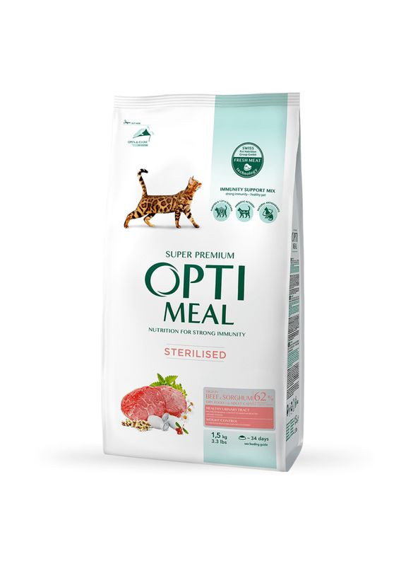 Sterilized Cat Beef & Sorghum – Сухий корм із високим вмістом яловичини та сорго для дорослих котів - 1,5 кг Optimeal (327070572)