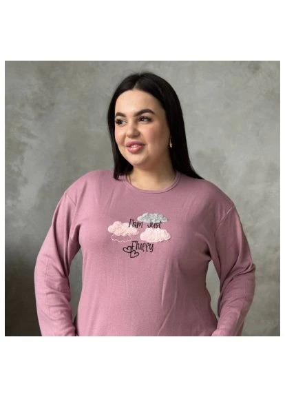 Розовая зимняя женская пижама plus size пудрово-розовая с длинным рукавом / женская домашняя пижама plus size в пудровом оттенке с принтом / No Brand