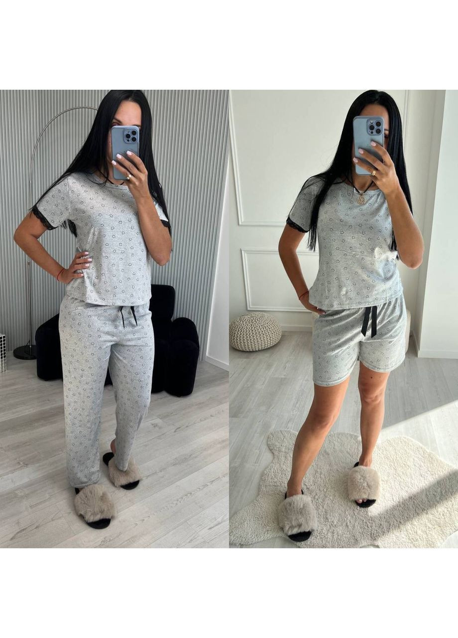 Серая всесезон женская пижама футболка + шорты + брюки No Brand