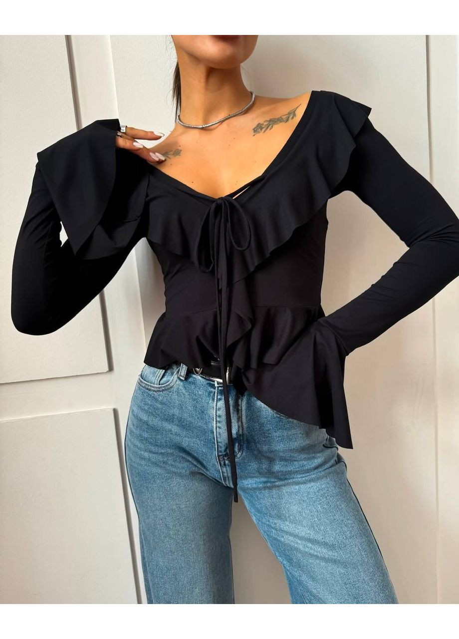 Чорна жіноча блуза з воланами укорочена Nositi 1649-13