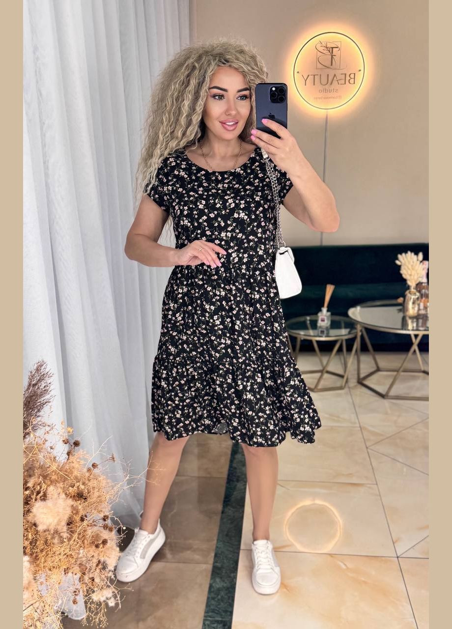 Черное женское платье свободного кроя No Brand с цветочным принтом