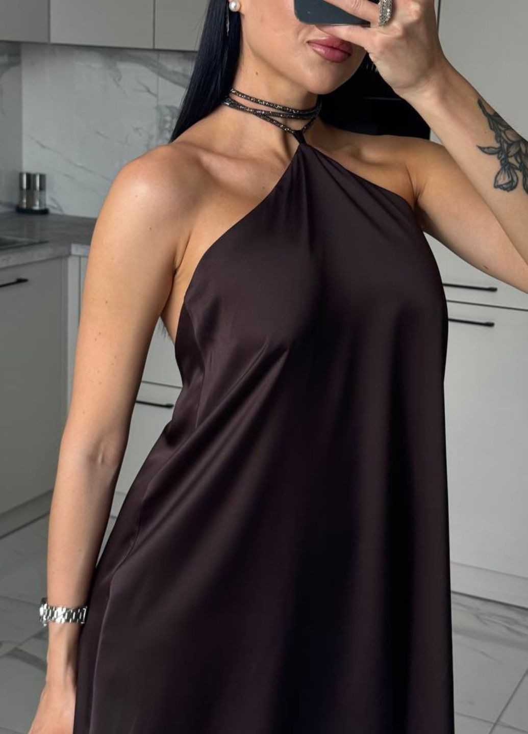 Коричнева вечірня вишукана легка літня вечірня міні сукня без рукавів зі шнурком зі стразів Tik-Tak однотонна