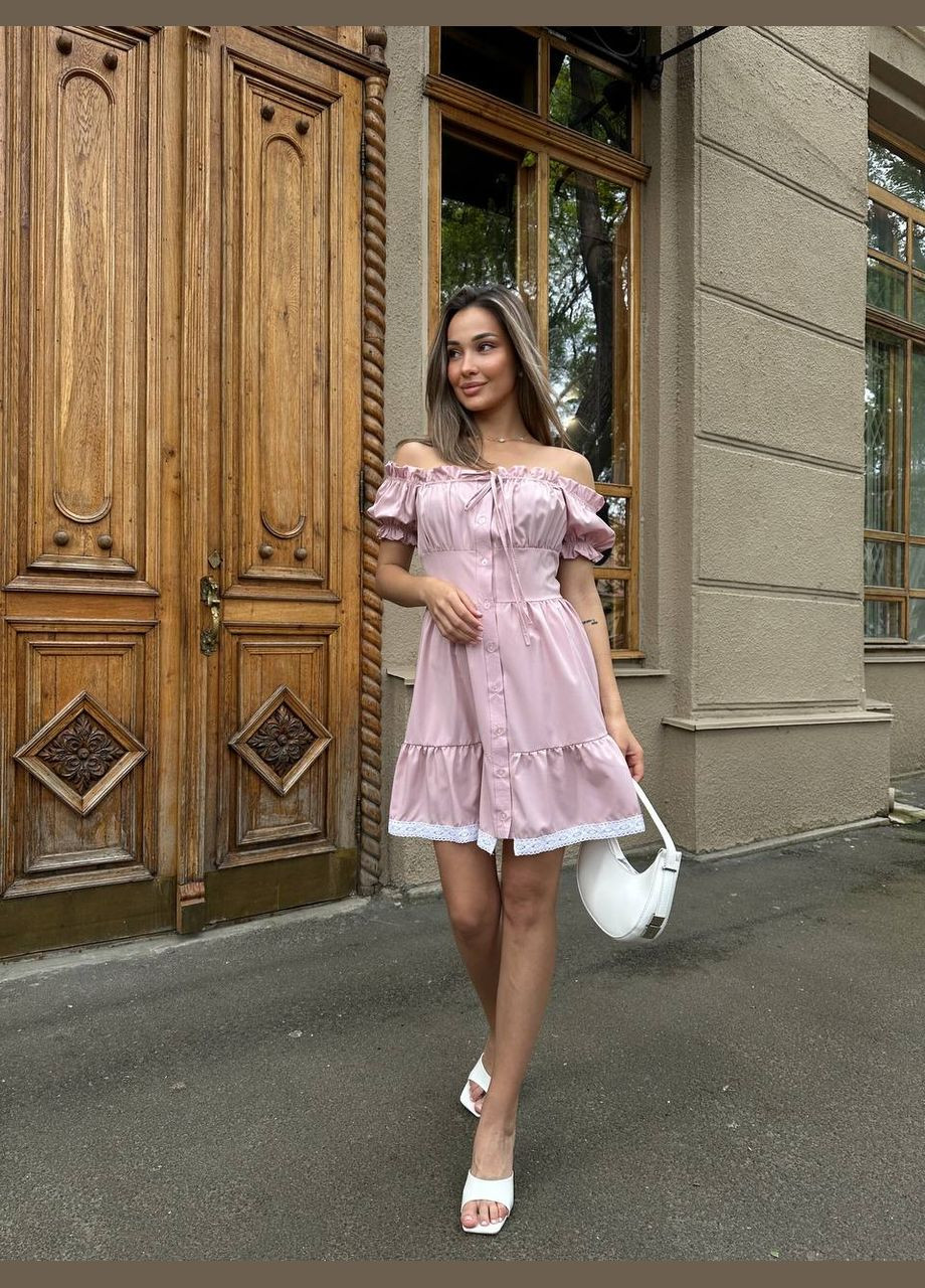 Пудровое повседневный платье женское с открытыми плечами Україна однотонное