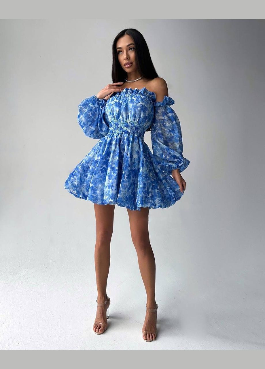 Блакитна повсякденний жіноча сукня з квітковим принтом софт No Brand з квітковим принтом