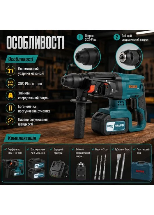 Перфоратор аккумуляторный SR-083 24 В 2 аккумулятора 4 А·час SDS Plus 2,1 Дж три режима Boxer (402646124)