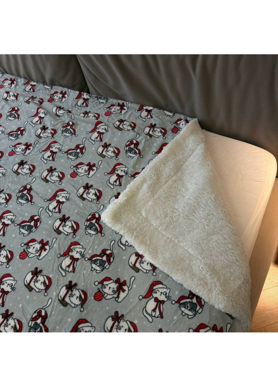 Плед-покрывало новогодний двусторонний евро 200х220 флис/овчина светло-серый Новогодние котики NOV7 Colorful Home (366959103)