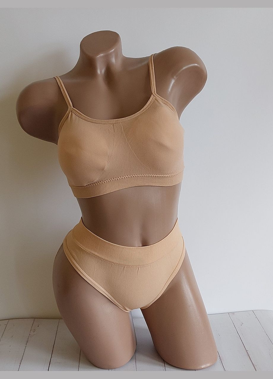 Бежевый демисезонный комплект белья женский топ бюстгальтер трусы honey fashion accessories one size s/м молочный (2-187) No Brand