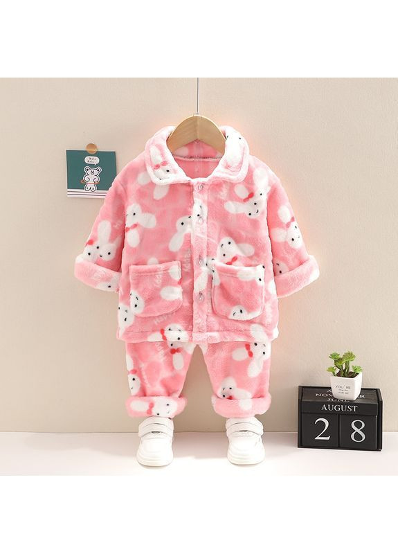 Рожева зимня піжама тепла махрова дитяча кофта + брюки No Brand Піжама