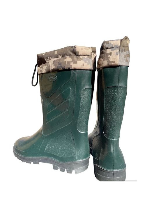 Хаки осенние мужские резиновые сапоги с затяжной нашивкой и утеплителем зеленые милитари (041) 45 Галера