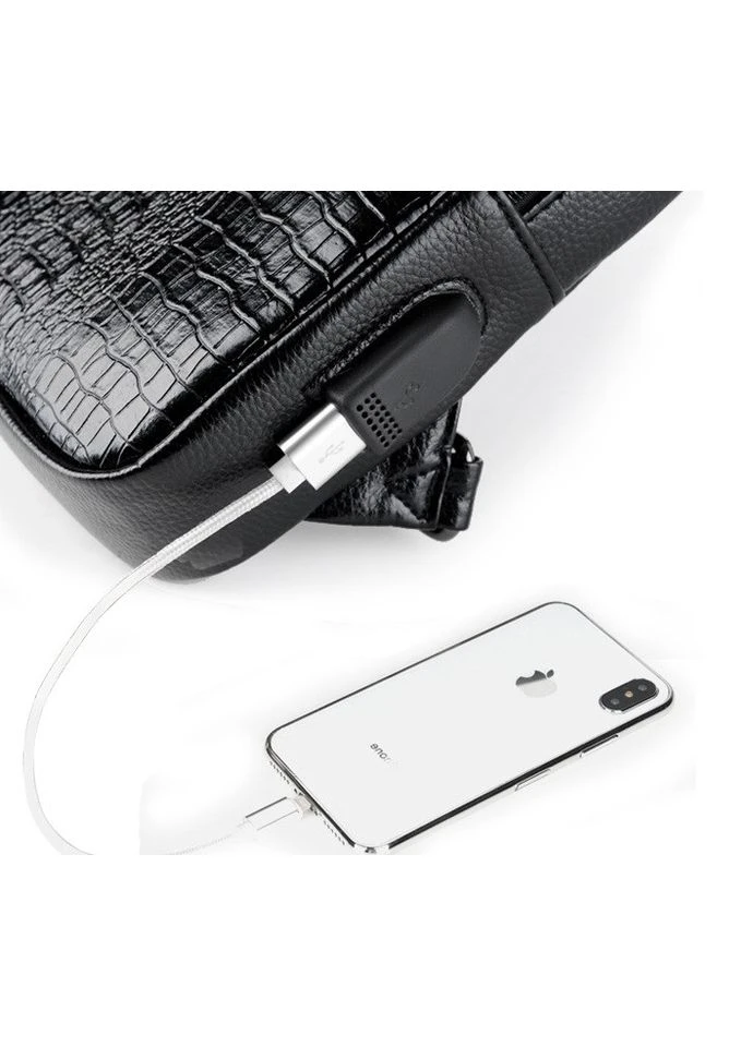 Мужская сумка слинг нагрудная черная под крокодила с портом USB No Brand (394176726)