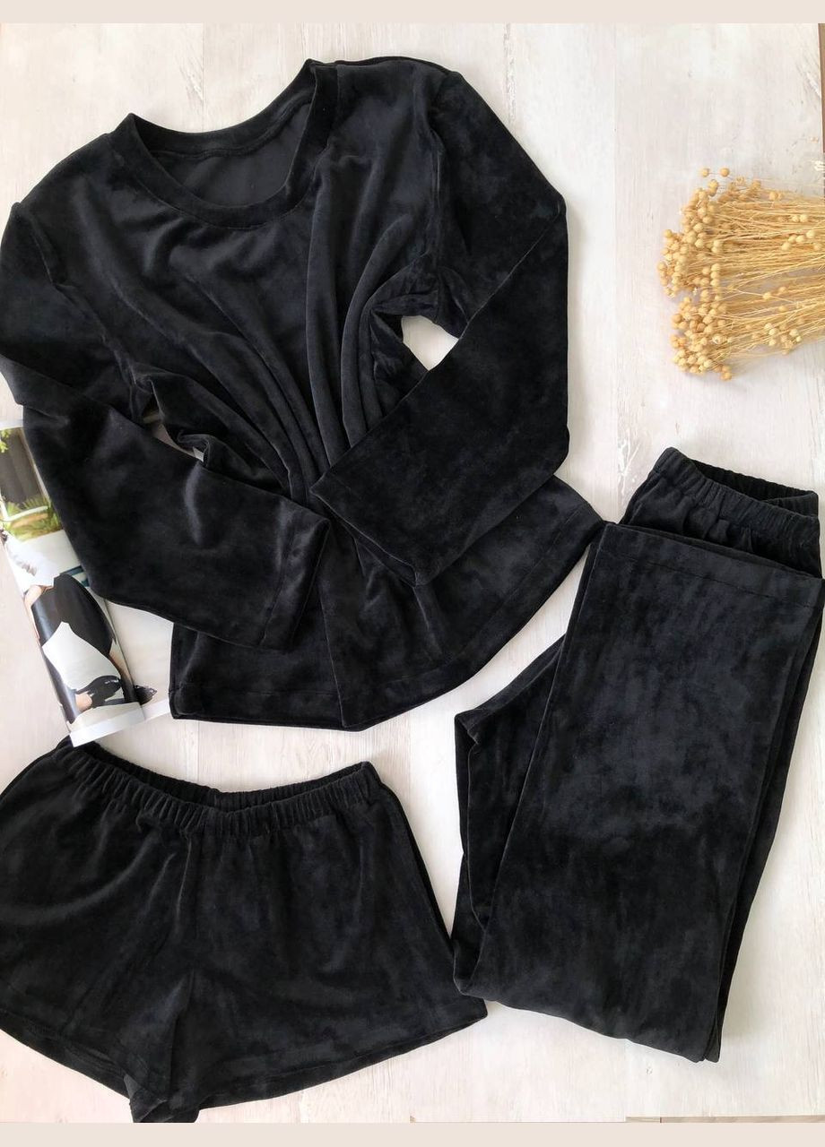 Комбинированная женская плюшевая пижама кофта шорты брюки черная Modashoping