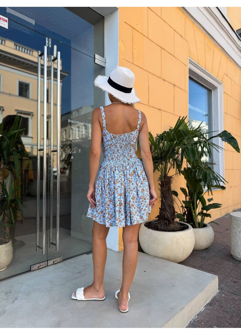 М'ятна легка сукня міні м'ятного кольору 34019 кльош No Brand з квітковим принтом