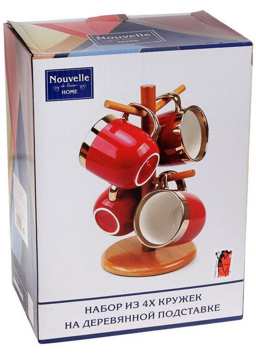 Чайний набір "Золота Лінія" 4 кружки 320мл на бамбуковій стійці, темно-синій Bona (330136908)
