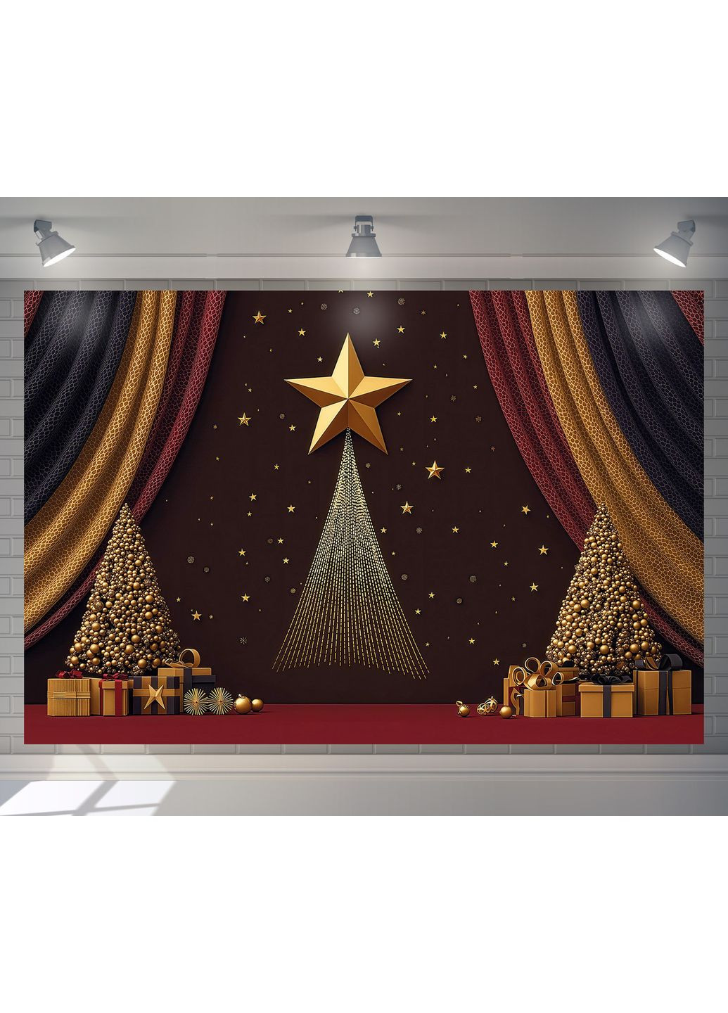 Фотозона новогодняя Красный с золотой звездой и ёлками – №46521 Vinylpex (369930248)