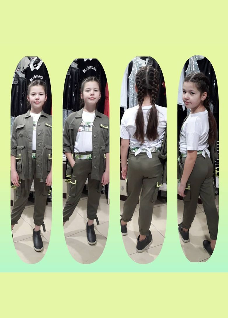 Оливковый (хаки) летний костюм подростковый tbt141-tbt146 жакет+штаны-карго хаки брючный To Be Too