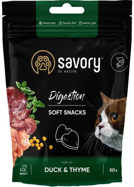 Мягкое лакомство для улучшения пищеварения кошек, утка с тимьяном, 50 г Savory (326528631)