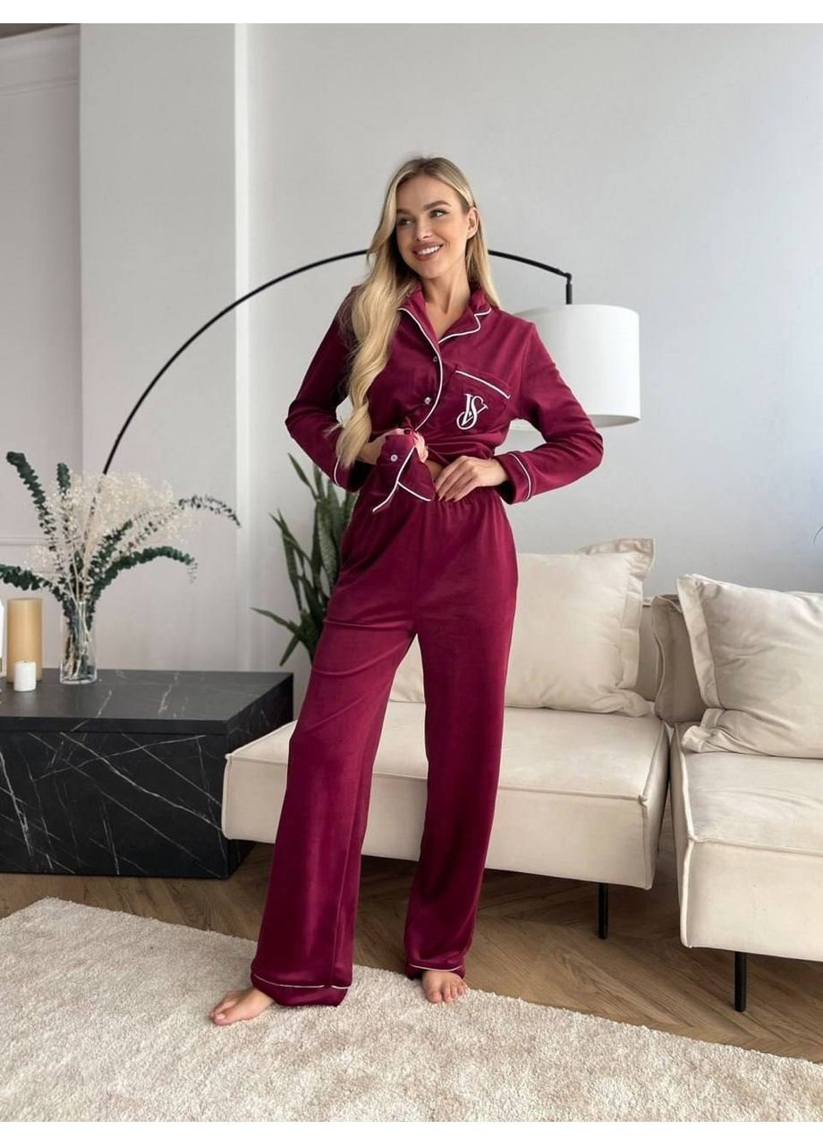 Бордовая пижама турецкий велюр,декорированная вышивкой,брюки и рубашка Україна