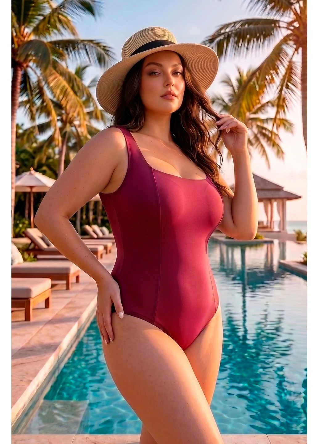 Бордовый летний сплошной купальник plus-size слитный, танк TOTALFIT