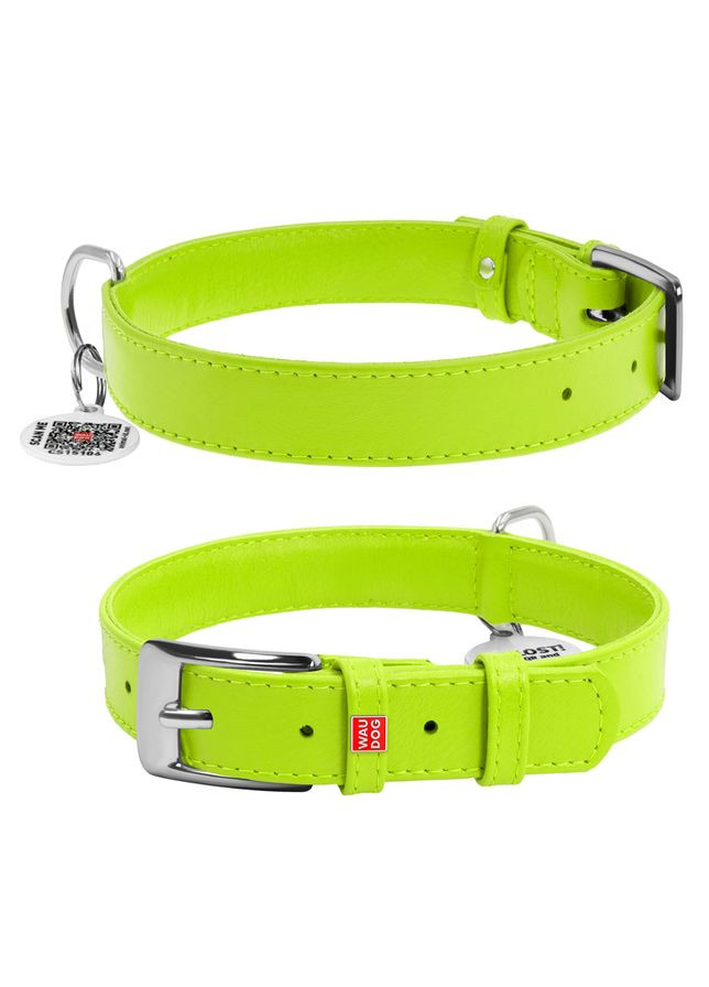 Нашийник для собак шкіряний Glamour з QR паспортом, без прикрас, M, Ш 20 мм, Дов 30-39 см салатовий WAUDOG (322002413)
