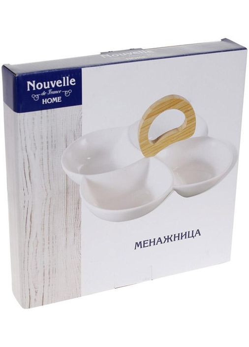 Менажница 4-х секционная Ceram-Bamboo фарфоровая посуда сервировки для стола с бамбуковой ручкой Bona (368988297)