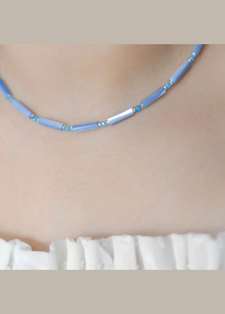 Чокер натуральный Перламутр синий + Циркон, фур-ра гип-ный сплав цвет серебро d-14х3мм+- L-40-45см No Brand циркон, перламутр латунь, натуральный камень, медицинский сплав серебро (323654064)