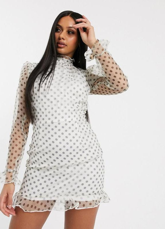 Комбинированное платье из органзы в горошек с высоким воротником. D в горошек