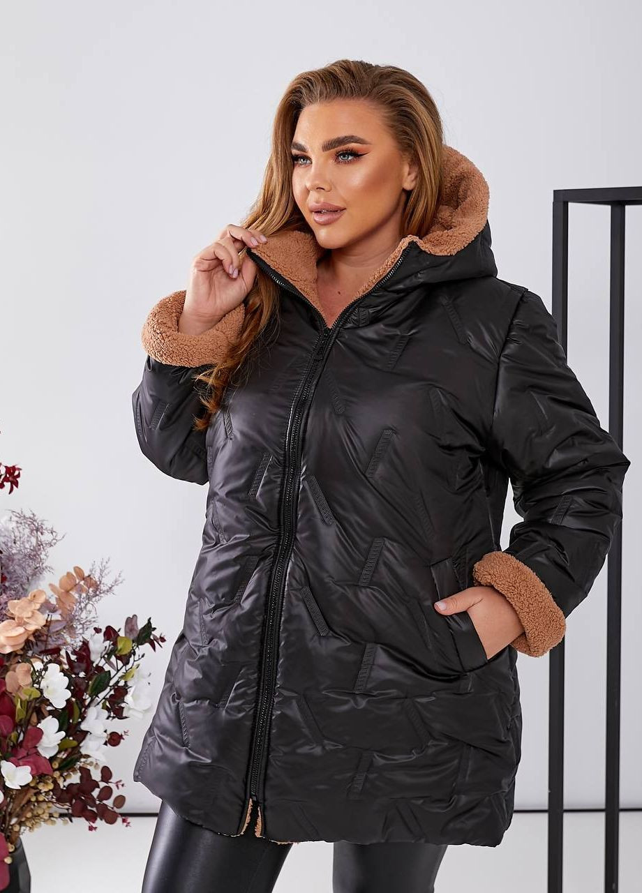 Черная женская теплая куртка с капюшоном цвет черный р.50/52 447635 New Trend