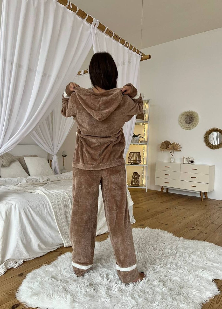 Бежевая всесезон тёплая приятная к телу женская пижама из двухсторонней махры, милые парные пижамы No Brand р-1557 207